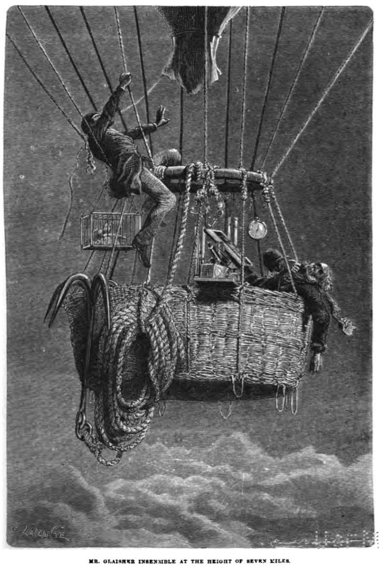 Glaisher balloon - Credit: Tim Woollings A black and white picture of a two men in a balloon, one of whom is unconcious, the other is climbing up out of the basket. Below the picture is the caption 'Mr Glaisher insensible at the hieght of seven miles'