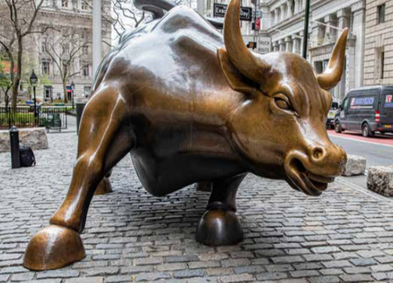 Wall Street bull The bull statue which stands at the end of Wall Street in New York