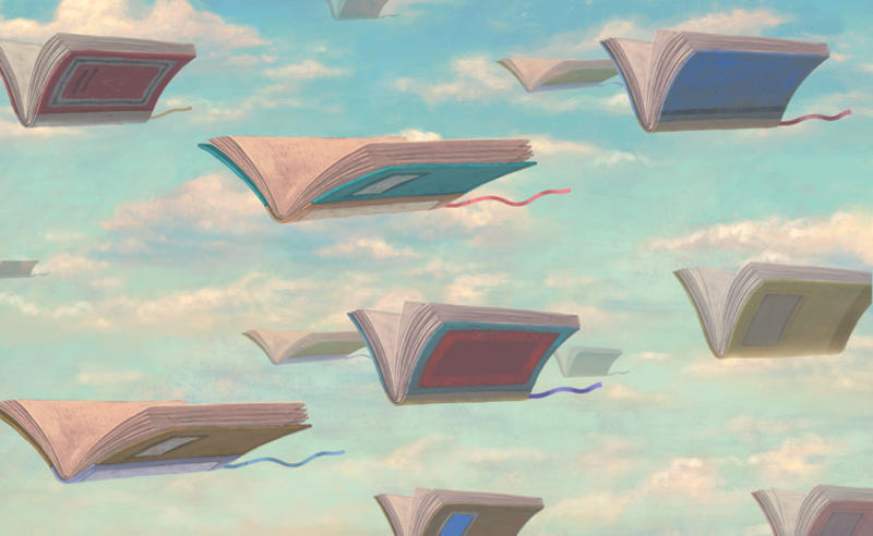 Surreal image of books flying across the sky Surreal image of books flying across the sky