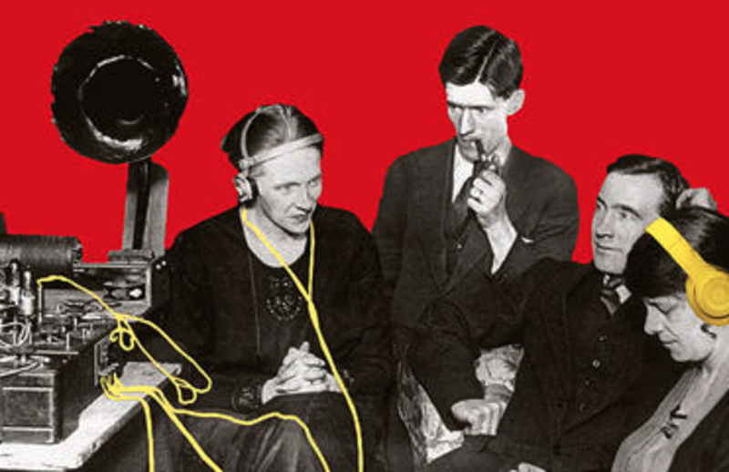 Men and women listening to early radio Men and women listening to early radio