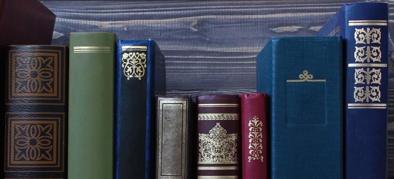 Literary header A row of leather bound books