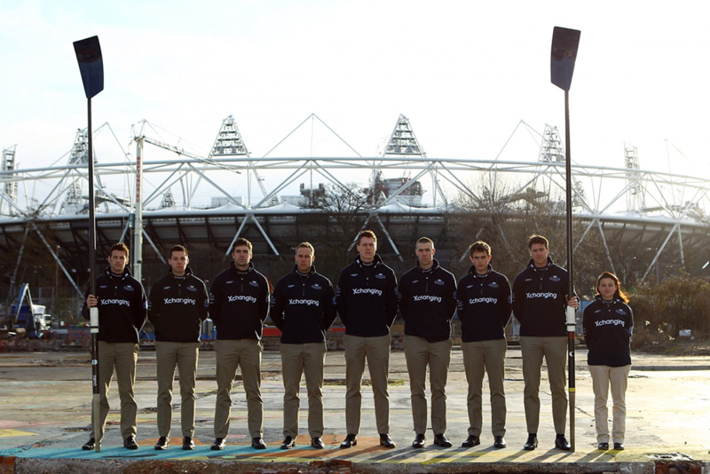 OUBC 2012 Oxford University rowing team of 2012 stood outside the Olympic Stadium in London