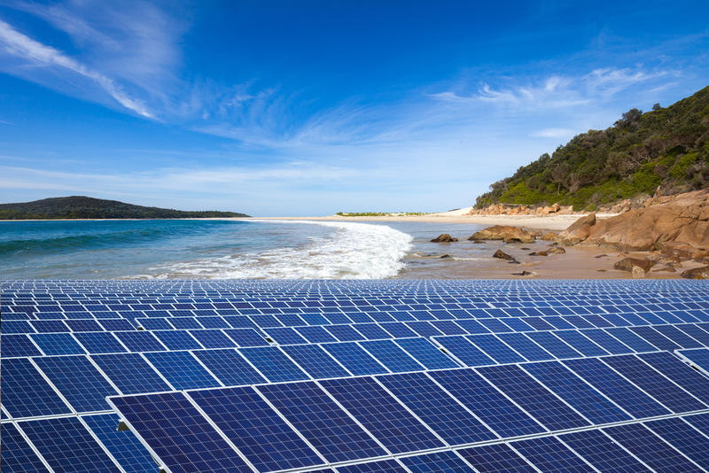 Solar panels beach - Credit: Shutterstock A bank of solar panels on a beach