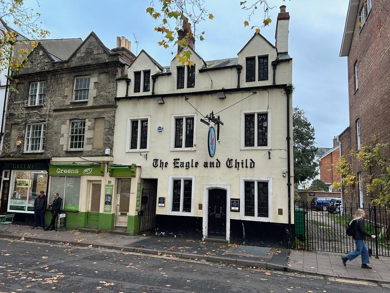 Street level view of the Eagle and Child Pub